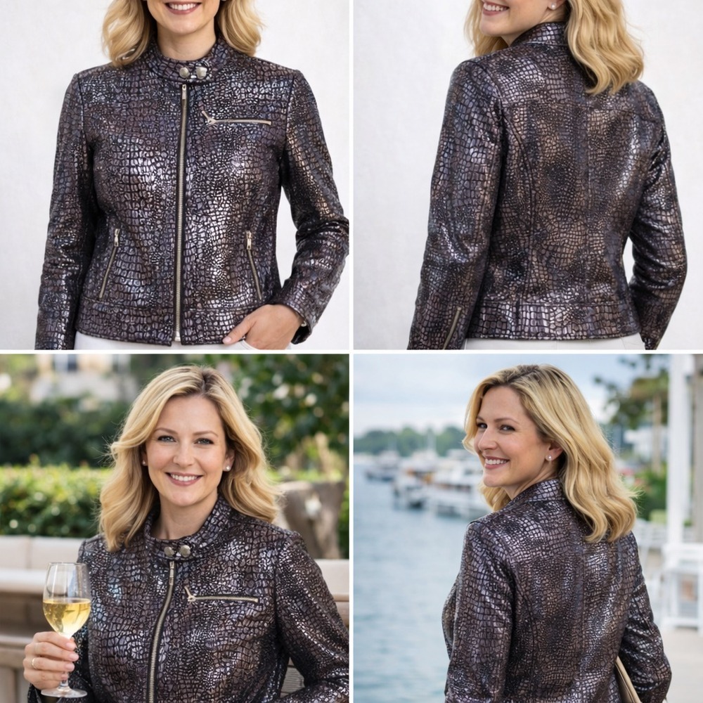 Eric Casual Jacket Womens‎ 4 Metallic Croc Print Moto Zip Biker Statement